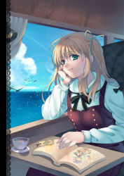 Rule 34 | 1girl, absurdres, bad id, bad pixiv id, bird, blonde hair, book, bookmark, head rest, cloud, cup, curtains, day, green eyes, hair ribbon, hand on own cheek, hand on own face, highres, kodamasawa izumi, lamp, lens flare, long hair, looking at viewer, ocean, ribbon, sky, smile, solo, sparkle, teacup, two side up, water, window