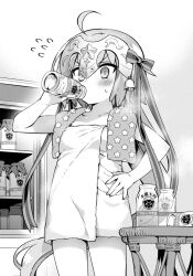 Rule 34 | 1girl, ahoge, blush, bottle, bow, coffee milk, cupboard, drinking, fate/grand order, fate (series), flat chest, flying sweatdrops, greyscale, hair bow, hanabana tsubomi, hand on own hip, headpiece, highres, holding, holding bottle, jeanne d&#039;arc alter santa lily (fate), long hair, monochrome, naked towel, solo, towel, towel around neck, very long hair