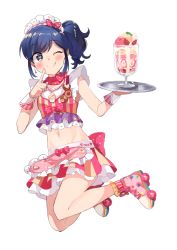 Rule 34 | 1girl, ;), aikatsu!, aikatsu! (series), apron, blue eyes, blue hair, blush, boots, bow, cookie, crop top, earrings, finger to mouth, food, frilled apron, frilled skirt, frills, fruit, hair bow, hairband, heart, heart-shaped pupils, holding, holding tray, jewelry, jumping, kiriya aoi, legs up, midriff, miniskirt, navel, necklace, onbin ha, one eye closed, outstretched arm, parfait, polka dot, polka dot bow, roller skates, shirt, short hair, side ponytail, simple background, skates, skirt, sleeveless, sleeveless shirt, smile, solo, strawberry, striped clothes, striped skirt, symbol-shaped pupils, thumbprint cookie, tongue, tongue out, tray, vertical-striped clothes, vertical-striped skirt, waitress, white background, wrist cuffs