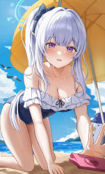 Rule 34 | 1girl, absurdres, all fours, bare shoulders, beach, bird, blue archive, blue halo, blue one-piece swimsuit, blue ribbon, blue sky, blush, breasts, cleavage, cloud, collarbone, commentary, day, frilled one-piece swimsuit, frills, grey hair, hair ribbon, halo, highres, hini ni, long hair, looking at viewer, medium breasts, miyako (blue archive), miyako (swimsuit) (blue archive), ocean, off-shoulder one-piece swimsuit, off shoulder, official alternate costume, one-piece swimsuit, outdoors, parted lips, ponytail, purple eyes, ribbon, sky, solo, sweat, swimsuit, two-tone one-piece swimsuit