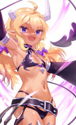 Rule 34 | 1girl, arms up, bare shoulders, belt, bikini, blonde hair, bow, breasts, broken horn, collared bikini, crop top, dark-skinned female, dark skin, demon girl, demon horns, demon tail, detached sleeves, eltir, fang, female focus, hair bow, highres, horns, kirara fantasia, laughing, lilith (machikado mazoku), long hair, machikado mazoku, open mouth, petite, purple bikini, purple bow, purple eyes, purple sleeves, revealing clothes, shaded face, simple background, small breasts, smile, smug, solo, standing, swimsuit, tail, white background, wide sleeves