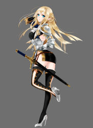 Rule 34 | 1girl, apt, armor, back, blonde hair, blue eyes, breasts, full body, gloves, grey background, gyakushuu no fantasica, high heels, highres, long hair, official art, pointy ears, shoe soles, simple background, solo, sword, thighhighs, weapon
