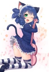 Rule 34 | 10s, 1girl, :d, ;d, animal ears, artist name, blue hair, blush, cat ears, cyan (show by rock!!), fang, from behind, green eyes, guitar, headdress, highres, instrument, kneeling, looking back, musical note, one eye closed, open mouth, panties, pantyshot, pink panties, quaver, ringlets, runamochi, shoes, show by rock!!, simple background, skirt, smile, solo, striped clothes, striped thighhighs, tail, thighhighs, underwear