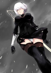 Rule 34 | 1girl, breasts, cloud, covered navel, dutch angle, fengya, from below, gloves, gluteal fold, hair over one eye, highres, katana, large breasts, leotard, nier (series), nier:automata, orange eyes, short hair, snowing, solo, sword, weapon on back, thighhighs, thighs, weapon, white hair, 2b (nier:automata), zettai ryouiki