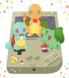 Rule 34 | anniversary, bulbasaur, charmander, claws, confetti, creatures (company), flame-tipped tail, game boy, game freak, gen 1 pokemon, green eyes, handheld game console, holding, holding poke ball, nintendo, pikachu, poke ball, pokemon, pokemon rgby, red eyes, sitting, smile, squirtle, starter pokemon trio, sticker, ten&#039;on (amane09), white background