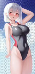 Rule 34 | 1girl, black one-piece swimsuit, blue sky, breasts, chain-link fence, cloud, competition swimsuit, covered navel, cowboy shot, fence, highleg, highleg swimsuit, highres, large breasts, one-piece swimsuit, original, red eyes, short hair, sky, solo, swimsuit, tatsumiya kagari, towel, two-tone swimsuit, white hair