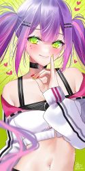 Rule 34 | 1girl, black camisole, black choker, blurry, blurry foreground, blush, breasts, camisole, choker, cleavage, closed mouth, commentary, contrapposto, crop top, cropped jacket, gradient background, green background, green eyes, hair between eyes, hair ornament, hairclip, heart, highres, hololive, jacket, light rays, long hair, looking at viewer, medium breasts, multicolored hair, multicolored nails, nail polish, navel, navel piercing, o-ring, o-ring choker, off shoulder, piercing, pink hair, pink nails, purple hair, sidelocks, signature, simple background, smile, solo, stomach, streaked hair, tokoyami towa, twintails, twitter username, two-tone hair, upper body, virtual youtuber, white jacket, yellow nails, yuuyu (moco20111115)