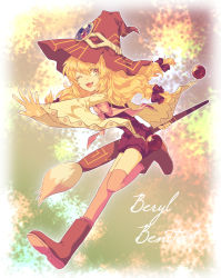 Rule 34 | 1girl, beryl benito, blonde hair, boots, brown eyes, character name, freckles, hat, highres, long hair, one eye closed, open mouth, overalls, ribbon, socks, tales of (series), tales of hearts, thighhighs, wide sleeves, wink