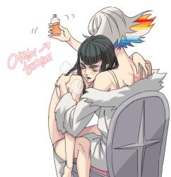 Rule 34 | 10s, 2girls, age difference, black hair, blue eyes, bra, cosom, eyebrows, fever, hug, kill la kill, kiryuuin ragyou, kiryuuin satsuki, korean text, long hair, mature female, medicine, mother and daughter, multicolored hair, multiple girls, panties, scar, shaking, sick, simple background, thick eyebrows, translation request, underwear, white background