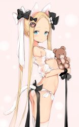 Rule 34 | 1girl, abigail williams (fate), alternate hairstyle, animal ears, arched back, ass, bare shoulders, black bow, blonde hair, blue eyes, blush, bow, bra, breasts, brown background, closed mouth, commentary, detached sleeves, fate/grand order, fate (series), forehead, from side, hair bow, hair ornament, hairclip, highres, holding, holding stuffed toy, long hair, looking at viewer, looking to the side, panties, parted bangs, paw hair ornament, ponytail, puffy short sleeves, puffy sleeves, see-through, see-through sleeves, short sleeves, silver (chenwen), simple background, small breasts, solo, standing, stuffed animal, stuffed toy, symbol-only commentary, tail, teddy bear, underwear, very long hair, white bra, white panties, white sleeves