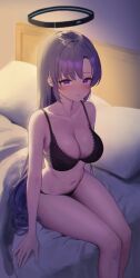 Rule 34 | 1girl, absurdres, bed, black bra, black panties, blue archive, blush, bra, breasts, damcheong, hair down, halo, highres, lace, lace-trimmed bra, lace trim, large breasts, long hair, looking at viewer, navel, on bed, panties, parted lips, pillow, purple eyes, purple hair, sitting, solo, stomach, thighs, underwear, underwear only, yuuka (blue archive)