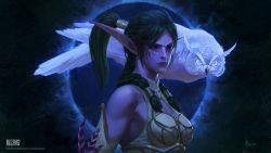 Rule 34 | 1girl, bayard wu, bird, blizzard (company), blue eyes, colored skin, elf, full moon, highres, long hair, looking at viewer, moon, muscular, muscular female, night, night elf (warcraft), owl, pointy ears, ponytail, priestess, purple skin, solo, toned, tyrande whisperwind, warcraft, world of warcraft