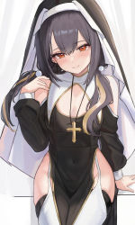 Rule 34 | arm support, black dress, black hair, black thighhighs, blonde hair, blush, closed mouth, clothing cutout, commentary request, copyright request, covered navel, cross, cross earrings, cross necklace, detached collar, dress, earrings, flat chest, garter straps, hair between eyes, hair ornament, hand up, hell2 (ses0297), highres, jewelry, long hair, long sleeves, looking at viewer, multicolored hair, necklace, nun, pelvic curtain, red eyes, shoulder cutout, smile, streaked hair, thighhighs, thighs, two-tone