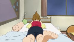 Rule 34 | animated, animated gif, ass, bed, bedroom, black shorts, brown hair, feet, foot focus, from behind, k-on!, lying, on stomach, red shirt, screencap, shirt, shorts, tainaka ritsu