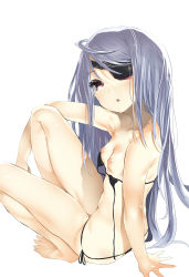 Rule 34 | 1girl, absurdres, bikini, black bikini, blush, breasts, eyepatch, female focus, flat chest, from behind, grey hair, highres, infinite stratos, laura bodewig, long hair, looking at viewer, looking back, micro bikini, nipples, open mouth, red eyes, shiny skin, simple background, sitting, small breasts, solo, swimsuit, untied bikini, ushiro muki, white background