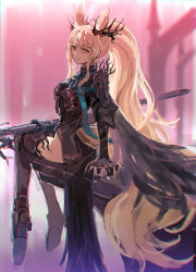 Rule 34 | 1girl, animal ears, arknights, armor, armored dress, black dress, black footwear, blemishine (arknights), blemishine (moon catastrborn) (arknights), blonde hair, blurry, blurry background, boots, brown eyes, closed mouth, dress, female focus, from behind, full body, gauntlets, high heel boots, high heels, highres, horse ears, horse girl, horse tail, long hair, looking at viewer, looking back, official alternate costume, pelvic curtain, pink background, roncele, sidelocks, sitting, smile, solo, sword, tail, thigh boots, thighhighs, very long hair, weapon