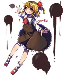 Rule 34 | 1girl, ascot, black skirt, black vest, blonde hair, closed mouth, commentary, darkness, full body, hair ribbon, highres, long sleeves, one-hour drawing challenge, red ascot, red footwear, red ribbon, renshirenji, ribbon, rumia, shirt, simple background, skirt, smile, socks, solo, touhou, twitter username, vest, white background, white shirt, white socks, yellow eyes