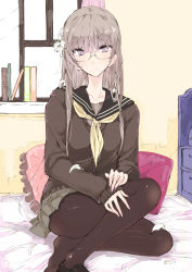 Rule 34 | 1girl, bad id, bad pixiv id, barefoot, bed, book, brown hair, cardigan, collarbone, curtains, cushion, drawer, feathers, flower, glasses, hair flower, hair ornament, highres, indoors, light purple hair, lily (flower), long hair, looking at viewer, miniskirt, original, pleated skirt, sailor collar, shoes, single shoe, skirt, solo, touma kisa, window