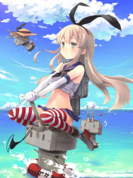 Rule 34 | 10s, 2girls, anchor, black panties, blonde hair, blush, cloud, day, elbow gloves, gloves, hair ornament, hairband, i-168 (kancolle), i-58 (kancolle), kantai collection, lifebuoy, long hair, multiple girls, navel, panties, personification, red hair, rensouhou-chan, shimakaze (kancolle), shin (new), skirt, sky, striped clothes, striped legwear, striped thighhighs, swim ring, thighhighs, underwear, unworn panties, white gloves