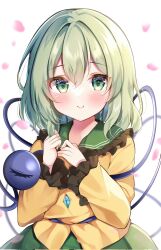 Rule 34 | 1girl, blush, cherry blossoms, closed mouth, commentary request, green eyes, green hair, green skirt, highres, komeiji koishi, long sleeves, looking at viewer, no headwear, shirotsuki shirone, shirt, short hair, simple background, skirt, smile, solo, third eye, touhou, upper body, white background, yellow shirt