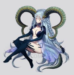 Rule 34 | 1girl, bad id, bad twitter id, blue thighhighs, blush, braid, breasts, closed eyes, closed mouth, commentary, commission, curled horns, english commentary, fate/grand order, fate (series), grey background, grey hair, hair between eyes, horns, invisible chair, large breasts, long hair, long horns, shrug (clothing), simple background, sitting, smile, solo, terupancake, thighhighs, tiamat (fate), twitter username, very long hair, watermark