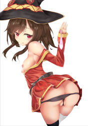 Rule 34 | 1girl, ass, asymmetrical legwear, bad id, bad pixiv id, bandaged leg, bandages, bare shoulders, belt, bent over, black thighhighs, breasts, brown hair, butt crack, condom, dress, hat, holding, holding condom, kono subarashii sekai ni shukufuku wo!, long hair, looking at viewer, looking back, medium breasts, megumin, mismatched legwear, naughty face, nipples, off-shoulder dress, off shoulder, panties, panty pull, pussy, red dress, red eyes, sakura ayu, single thighhigh, smile, solo, thighhighs, thong, underwear, used condom, witch hat
