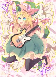 Rule 34 | alternate costume, amase (siki696), bad id, bad pixiv id, blonde hair, blue eyes, bow, flower, guitar, hair bow, heart, highres, instrument, kagamine rin, solo, thighhighs, vocaloid