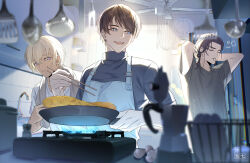 Rule 34 | 3boys, :d, adjusting hair, akai shuuichi, alternate hairstyle, amuro tooru, analog clock, apron, arms behind head, artist logo, artist name, black hair, black shirt, blonde hair, blue apron, blurry, casual, ceiling fan, chopsticks, clock, closed eyes, commentary request, cooking, depth of field, eggshell, facial hair, faucet, food request, frying pan, hair tie, hair tie in mouth, hands up, highres, holding, holding chopsticks, holding frying pan, indoors, kitchen, ladle, looking down, looking to the side, male focus, meitantei conan, mouth hold, multiple boys, open mouth, parted lips, plate, scotch (meitantei conan), sevenaklausv, shirt, short hair, short sleeves, smile, spatula, stove, stubble, teeth, tile wall, tiles, towel, towel around neck, tying hair, upper teeth only, wall clock, whisk