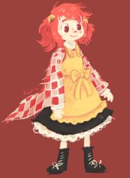 Rule 34 | 1girl, apron, bell, checkered clothes, checkered shirt, female focus, hair bell, hair ornament, jingle bell, long sleeves, motoori kosuzu, red eyes, red hair, rubin, shirt, short hair, smile, solo, touhou, twintails, two side up, wide sleeves