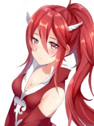 Rule 34 | 1girl, alternate hairstyle, aone hiiro, bare shoulders, blush, breasts, cleavage, closed mouth, cordelia (fire emblem), fire emblem, fire emblem awakening, hair ornament, long hair, medium breasts, nintendo, ponytail, red eyes, red hair, simple background, solo, upper body, white background, winged hair ornament