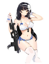 Rule 34 | 1girl, assault rifle, bikini, black hair, bra, breasts, brown eyes, bullpup, cleavage, closed mouth, feet out of frame, flower, girls&#039; frontline, gloves, gun, hair flower, hair ornament, hairband, hand in own hair, highres, holding, holding gun, holding weapon, jonbur man, long hair, looking at viewer, medium breasts, navel, official alternate costume, panties, qbz-95, rifle, sitting, smile, solo, swimsuit, thighhighs, type 95 (girls&#039; frontline), type 95 (summer cicada) (girls&#039; frontline), underwear, weapon, white background, white bikini, white bra, white gloves, white hairband, white panties, white thighhighs
