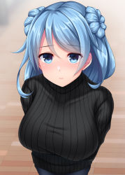 Rule 34 | 1girl, absurdres, alternate costume, arms behind back, black sweater, blue eyes, blue hair, blush, breasts, casual, closed mouth, double bun, hair bun, highres, kantai collection, large breasts, long hair, looking at viewer, ruin re birth, simple background, solo, sweater, turtleneck, turtleneck sweater, urakaze (kancolle)