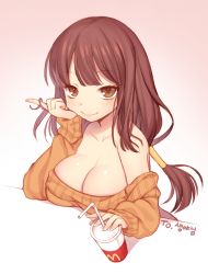 Rule 34 | 1girl, bad id, bad twitter id, bare shoulders, breast rest, breasts, brown eyes, brown hair, byulzzi, cleavage, gradient background, korean text, large breasts, long hair, mcdonald&#039;s, off-shoulder, off-shoulder sweater, off shoulder, orange shirt, original, shirt, simple background, sleeveless, smile, solo, sweater