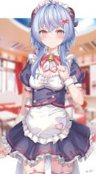 Rule 34 | 1girl, absurdres, alter (kxk7357), alternate costume, apron, bell, blue hair, blurry, blush, bow, breasts, cafe, cleavage cutout, clothing cutout, commentary request, depth of field, enmaided, ganyu (genshin impact), garter straps, genshin impact, hair ornament, highres, horns, indoors, long hair, looking at viewer, maid, maid headdress, md5 mismatch, medium breasts, neck bell, partial commentary, purple eyes, sidelocks, signature, solo, standing, white background, white legwear
