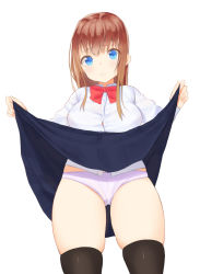 Rule 34 | 1girl, agnam ore, bad id, bad pixiv id, black thighhighs, blue eyes, blush, breasts, brown hair, clothes lift, highres, large breasts, lifted by self, long hair, looking at viewer, original, panties, school uniform, simple background, skirt, skirt lift, solo, thick thighs, thighhighs, thighs, underwear, white background, white panties