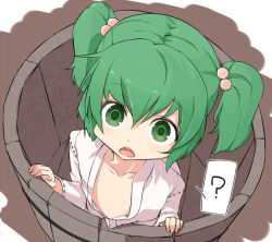 Rule 34 | 1girl, ?, bucket, collarbone, female focus, green eyes, green hair, hair bobbles, hair ornament, in bucket, in container, kisume, matching hair/eyes, open mouth, shamo (koumakantv), solo, touhou, twintails