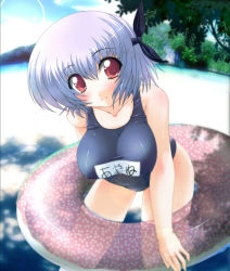 Rule 34 | 1girl, ayane (doa), beach, blue hair, blush, bob cut, body blush, breasts, clothes writing, cloud, covered erect nipples, dead or alive, female focus, head tilt, headband, innertube, large breasts, leaning forward, lens flare, mountain, name tag, nature, naughty face, one-piece swimsuit, outdoors, photo background, red eyes, school swimsuit, shiny clothes, shirt, short hair, skin tight, sky, smile, solo, sparkle, standing, swim ring, swimsuit, tatibana, taut clothes, taut shirt, tecmo, transparent, tree, water