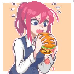 Rule 34 | 1girl, ahoge, blue eyes, collared shirt, eating, food, hair between eyes, burger, hcnone, high ponytail, holding, holding food, open mouth, original, pink hair, pixel art, shirt, simple background, solo, sweatdrop, upper body, vest, white shirt