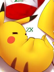 Rule 34 | :&lt;, animal focus, closed eyes, closed mouth, commentary request, creatures (company), from above, game freak, gen 1 pokemon, hands on own stomach, hat, lnyn (user vxdh4425), lying, nintendo, no humans, on side, pikachu, pokemon, pokemon (anime), pokemon (classic anime), pokemon (creature), solo, unworn hat, unworn headwear, white headwear