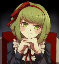 Rule 34 | 1girl, artist name, black background, black dress, blush, bow, bowtie, criis-chan, danganronpa (series), danganronpa another episode: ultra despair girls, dress, eyebrows, eyelashes, green eyes, green hair, hair bow, hair ribbon, hairband, hand on chin, hands on chin, head on hand, headband, long sleeves, looking at viewer, neck ribbon, palms, red bow, red chair, red hairband, red headband, red headwear, red ribbon, ribbon, signature, simple background, sitting, smile, solo, towa monaca, watermark, wheelchair