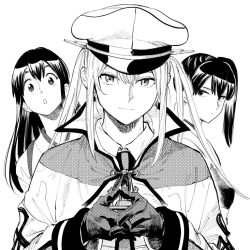 Rule 34 | 3girls, akagi (kancolle), capelet, eyebrows hidden by hair, graf zeppelin (kancolle), greyscale, hat, hiro (chumo), kaga (kancolle), kantai collection, long hair, monochrome, multiple girls, own hands together, peaked cap, side ponytail, smile, twintails