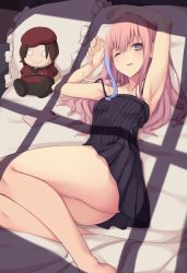 Rule 34 | 1girl, act (xadachit), armpits, arms up, bare legs, bare shoulders, black camisole, camisole, cellphone, collarbone, commentary, girls&#039; frontline, hair between eyes, highres, long hair, looking at viewer, lying, multicolored hair, one eye closed, parted lips, phone, pillow, pink hair, purple eyes, solo, spaghetti strap, st ar-15 (girls&#039; frontline), streaked hair, window shadow
