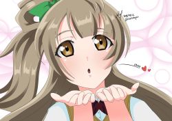 Rule 34 | 1girl, :o, artist name, artist request, blowing kiss, blush, bow, bowtie, breasts, brown eyes, brown hair, close-up, collared shirt, female focus, green bow, grey hair, hair bow, hair rings, heart (symbol), highres, light brown hair, long hair, long sleeves, looking at viewer, love live!, love live! school idol project, minami kotori, otonokizaka school uniform, parted lips, ponytail, red bow, school uniform, shirt, short sleeves, side ponytail, smile, solo, striped, striped bow, sweater vest, upper body, vest, white background, white shirt, yellow eyes, yellow vest