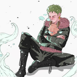 Rule 34 | absurdres, boots, cold, cuddling, earrings, closed eyes, full body, green hair, highres, jacket, jewelry, jobin chan, male focus, md5 mismatch, one piece, roronoa zoro, sleeping, snowing, tony tony chopper