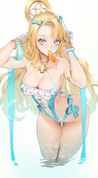Rule 34 | 1girl, arched back, armlet, ass, azur lane, bare shoulders, blonde hair, blue eyes, bow, bracelet, breasts, cleavage, collarbone, covered erect nipples, covered navel, cropped legs, duan henglong, emile bertin (azur lane), emile bertin (cote d&#039;azur) (azur lane), eyelashes, food, food in mouth, gloves, gold, hair bow, hair ornament, halterneck, highres, jewelry, large breasts, leaning forward, long hair, looking at viewer, mouth hold, one-piece swimsuit, parted bangs, polka dot, popsicle, see-through, sideless outfit, simple background, solo, standing, swimsuit, thigh gap, very long hair, water, wet, white background, white gloves