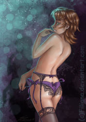 Rule 34 | 1girl, abstract background, armpits, artist name, ass, black thighhighs, blonde hair, blue eyes, bow, bow panties, deviantart username, eyelashes, female focus, finger to mouth, from behind, garter belt, garter straps, hand up, holding, holding ribbon, ilia, legs, lingerie, looking at viewer, looking back, medium hair, neck, nintendo, panties, parted bangs, parted lips, profile, purple panties, purple panties, ribbon, ribbon panties, seductive smile, sexually suggestive, shoulder blades, side-tie thong, smile, standing, the legend of zelda, the legend of zelda: twilight princess, thighhighs, thighs, thong, topless, turning head, underwear, underwear only