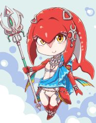 Rule 34 | 1girl, anklet, chibi, colored skin, eyelashes, fins, fish girl, full body, gills, highres, jewelry, mipha, monster girl, multicolored skin, necklace, nintendo, polearm, red skin, single bare shoulder, solo, the legend of zelda, the legend of zelda: breath of the wild, trident, two-tone skin, weapon, white skin, yellow eyes, yokoyoko (nazonazo), zora