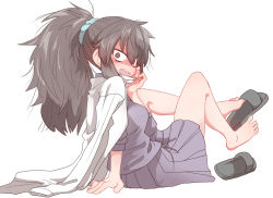 Rule 34 | 1girl, arm support, barefoot, blush, borrowed character, feet, hair ornament, hair scrunchie, lab coat, long hair, looking at viewer, mask, messy hair, mouth mask, open mouth, original, ponytail, school uniform, scrunchie, serafuku, shaded face, sharp teeth, shoe dangle, shoes, sidelocks, simple background, single shoe, sitting, slippers, solo, sumiyao (amam), surgical mask, sweat, teeth, white background