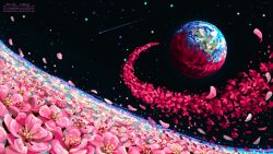 abstract black_sky commentary commission earth_(planet) english_commentary field flower flower_field no_humans original pink_flower pink_petals pixel_art pixel_hagl planet sky space star_(sky)