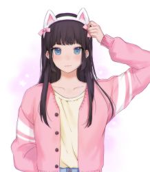 Rule 34 | 1girl, :|, animal ears, black hair, blue eyes, blue shorts, blush, bow, closed mouth, commentary, denim, denim shorts, fake animal ears, jacket, long hair, long sleeves, looking at viewer, open clothes, open jacket, original, pink bow, ruuto-kun, shirt, shorts, simple background, solo, unbuttoned, white background, yellow shirt